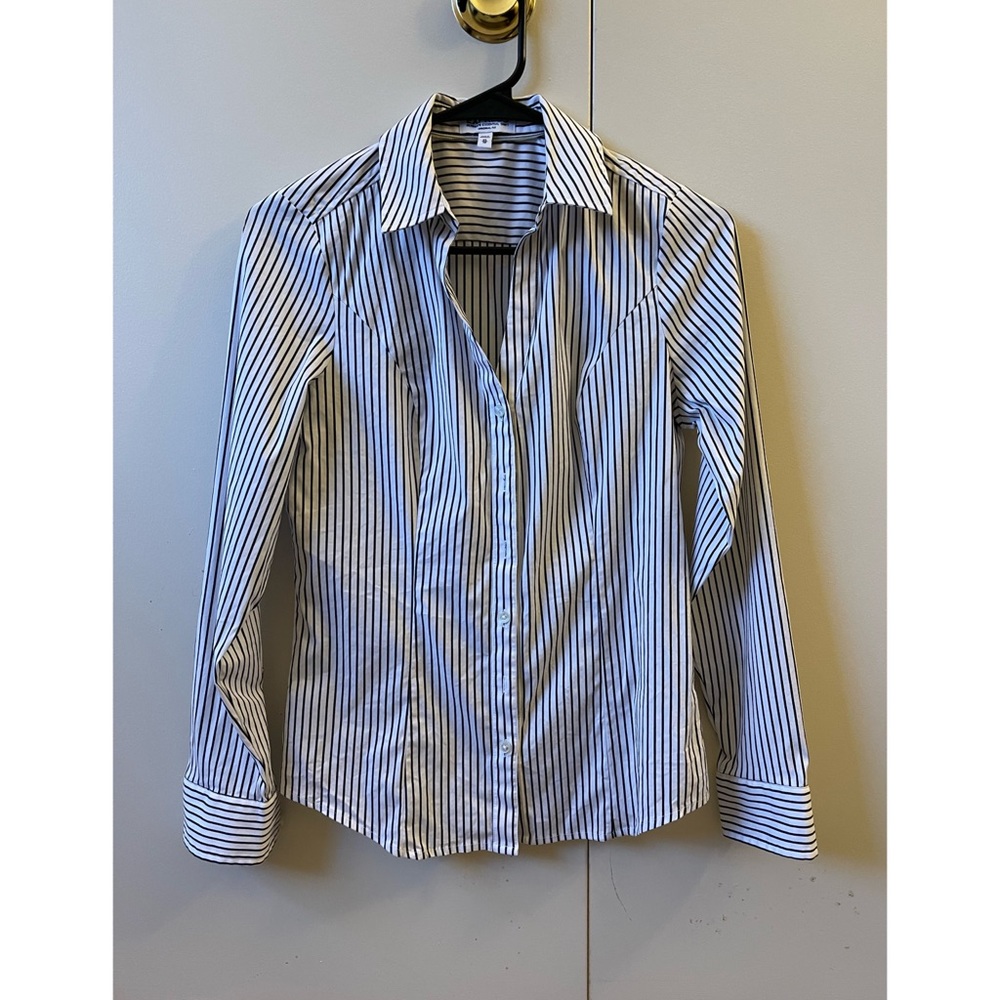 Express "Ultimate Essential Fit" long-sleeve striped button-down blouse